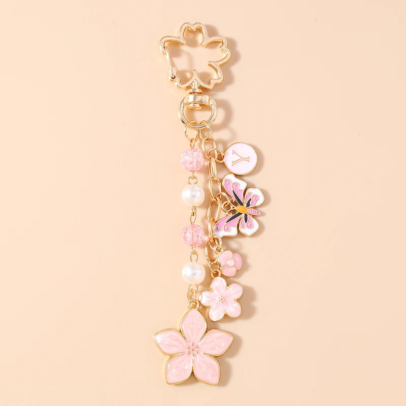 Enamel Flower Keychain for Women Girls Pearl Crystal Pendant Handbag Accessory Gift