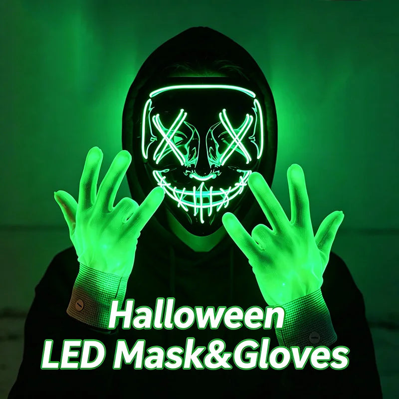 Wireless LED Neon Mask & Fiber Optic Gloves for Halloween Carnival Party