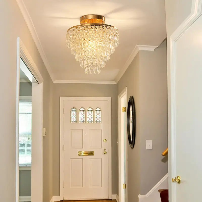 11.8 Inch Gold Crystal Chandelier Ceiling Light - 5 Tiers Raindrops Pendant Fixture for Bedroom Living Room Hallway