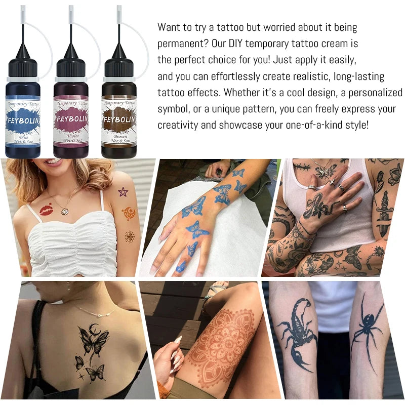 Temporary Tattoo Ink Set with 3 Sticker Kits - Long-Lasting Face & Body Art Gel