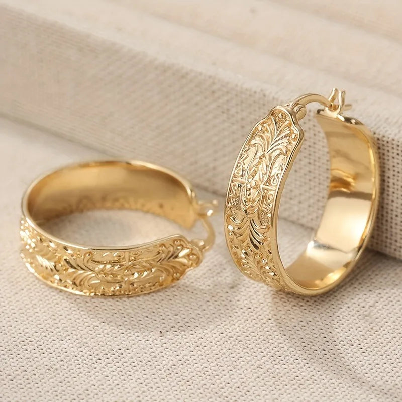 Vintage Gold Hoop Earrings for Women - Hand Carving Pattern Party Daily Wear