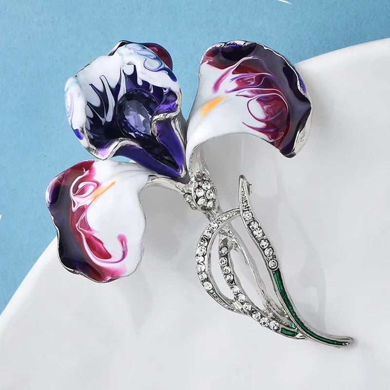 Enamel Orchid Flower Brooch for Women - Rhinestone Elegant Plant Pin Jewelry