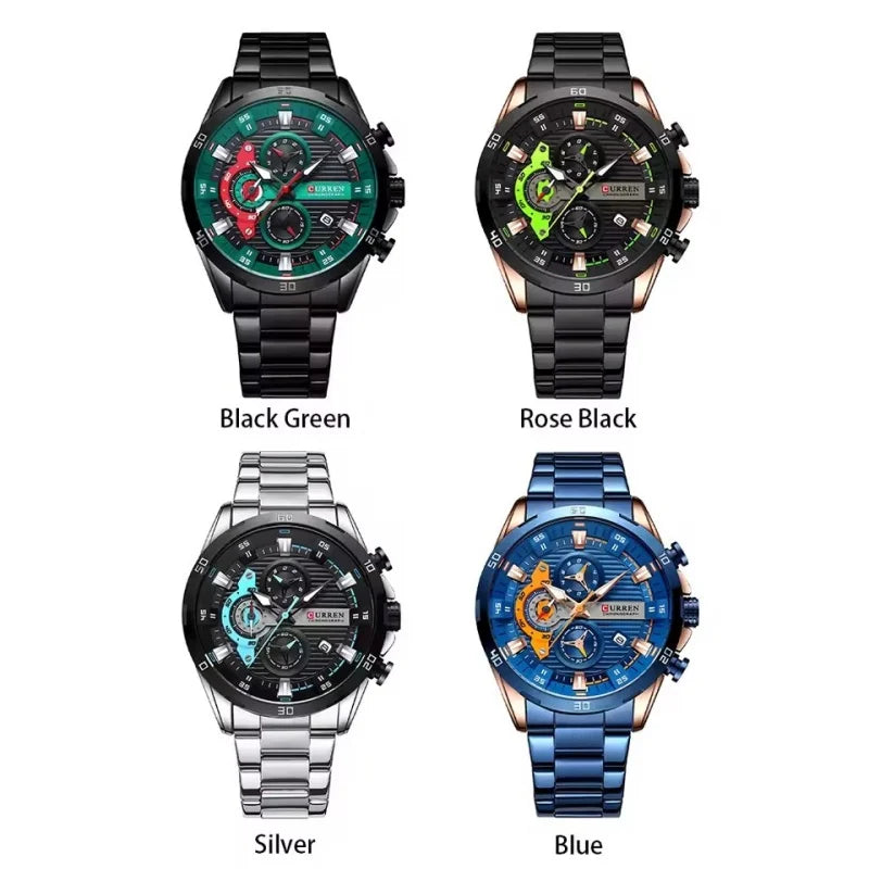 Men's Stainless Steel Watch with Luminous Dial and Chronograph - Unisex Fashion Timepiece