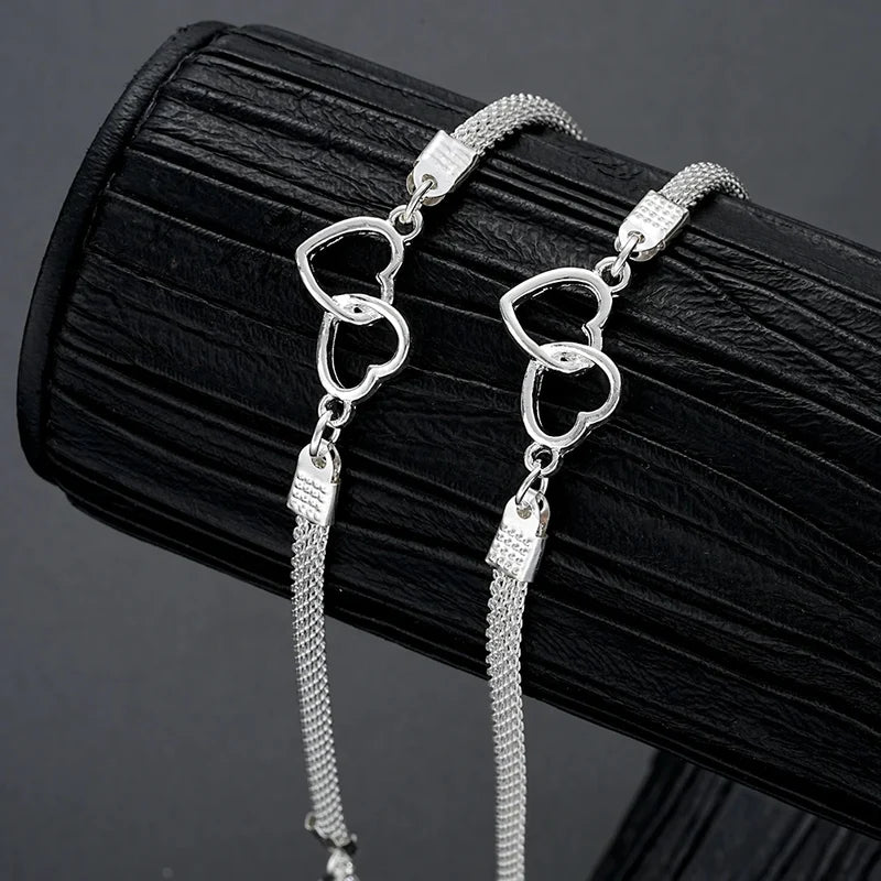 Love Heart Couple Bracelets Set for Women and Men Silver Double Layer Jewelry Gift