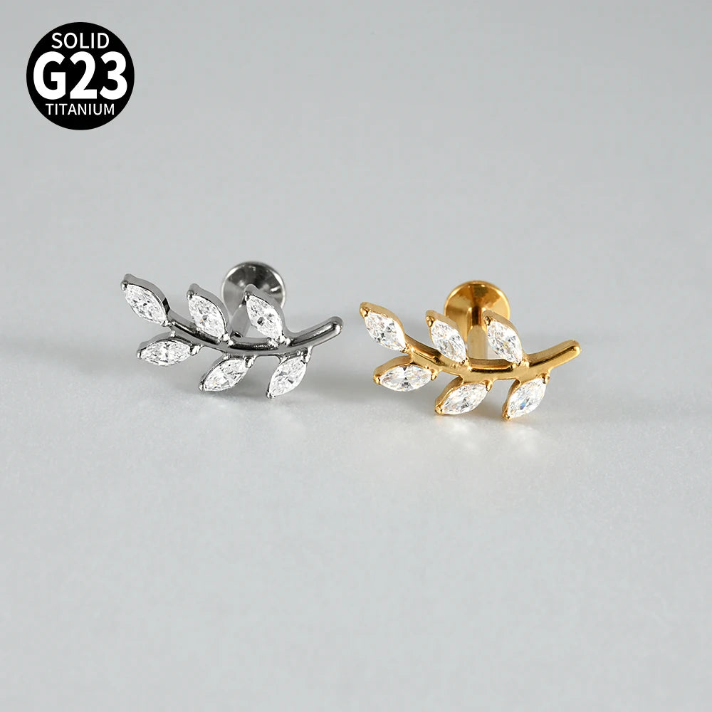Marquise Zircon Leaf Piercing Stud 16G Titanium Earring for Tragus Conch Helix