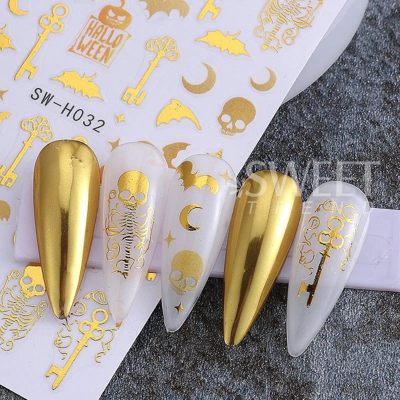 Halloween Nail Stickers Gold Skeleton Pumpkin Bat Key 3pcs Manicure Decals