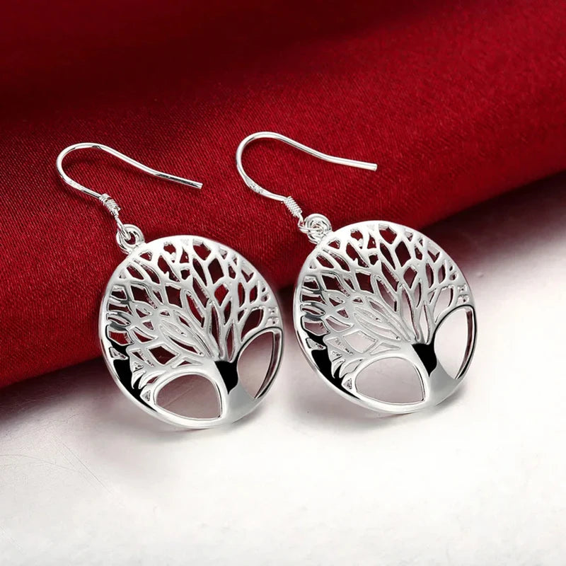 925 Sterling Silver Earrings for Women Hollow Carved Round Tree Christmas Gift Jewelry