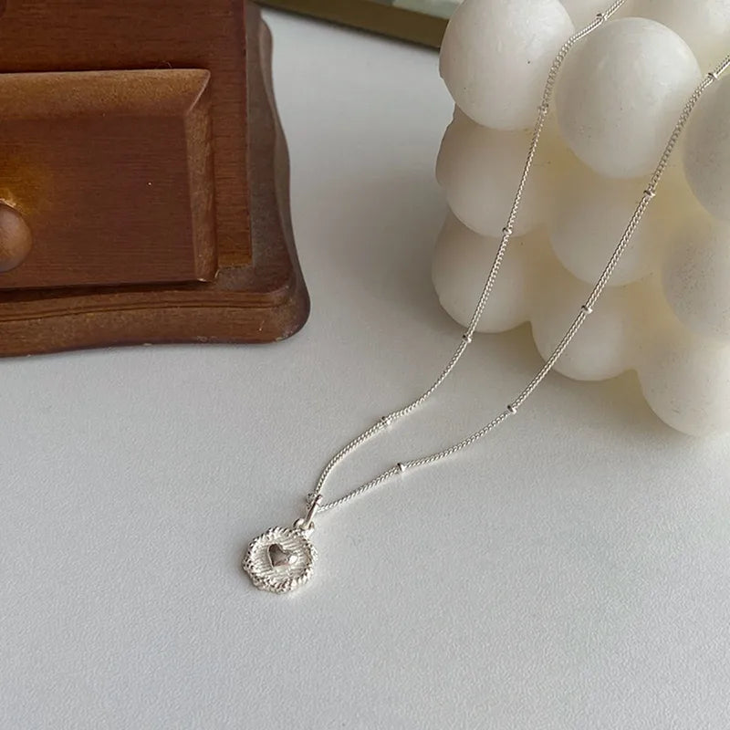 925 Sterling Love Heart Texture Bead Necklace for Women Girl Double Sided Jewelry Gift