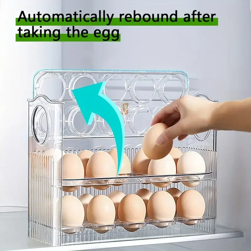 Refrigerator Egg Storage Box with Flip-Open Tray - 3-Layer, Large Capacity, Clear Food Organizer