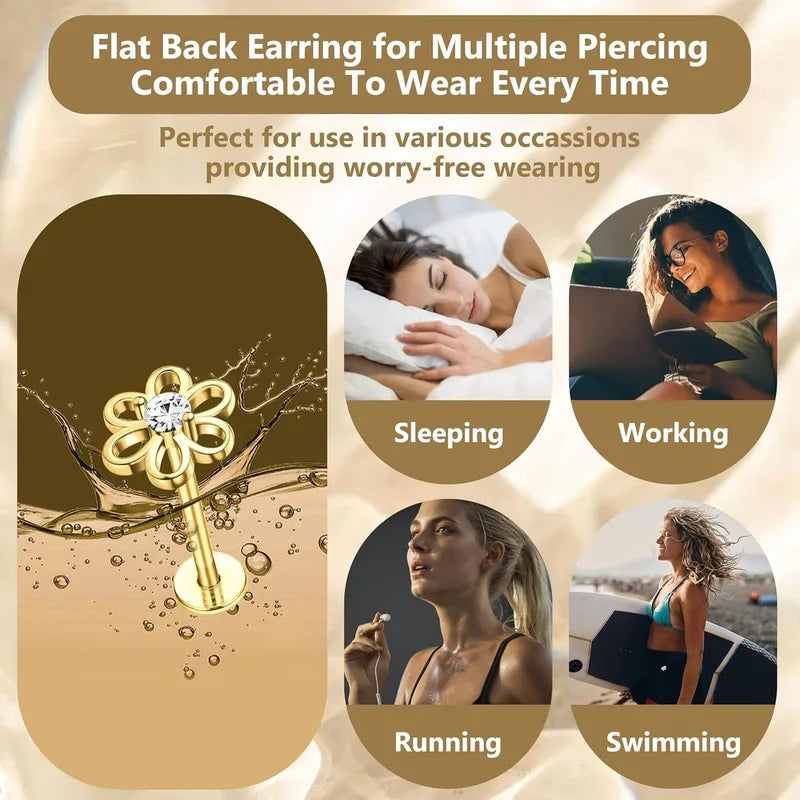 16G Flat Back Earrings for Women Stainless Steel Cartilage Stud Jewelry