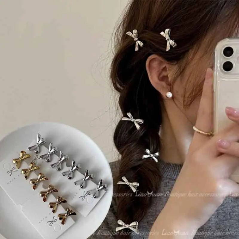 6Pcs Women's Gold Bow Hairpins Set - Mini Hair Accessories for Girls
