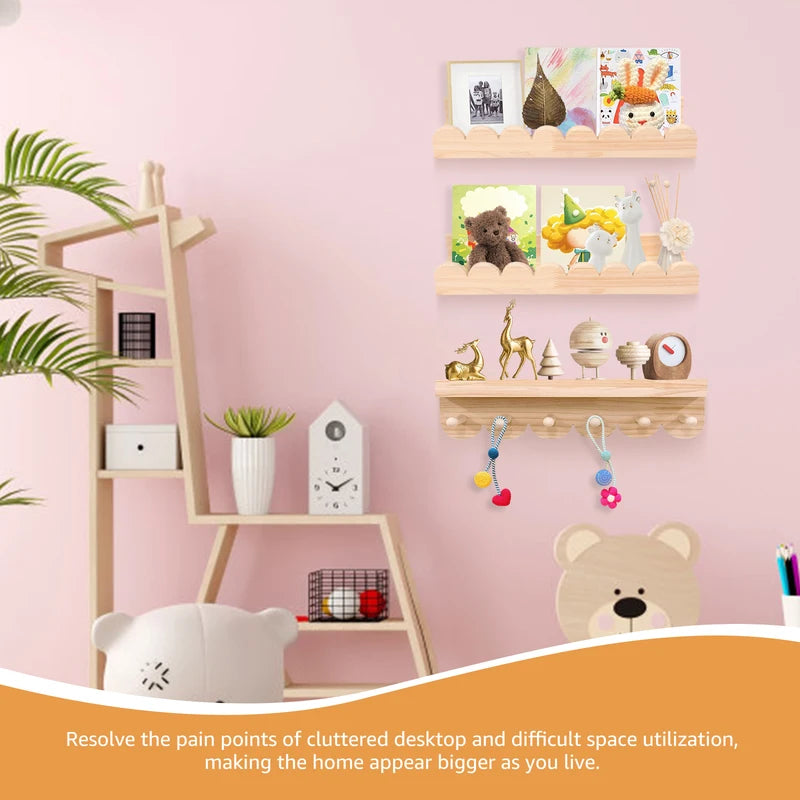 Wooden Floating Wall Shelves with Hooks - Nursery and Living Room Storage Organizer
