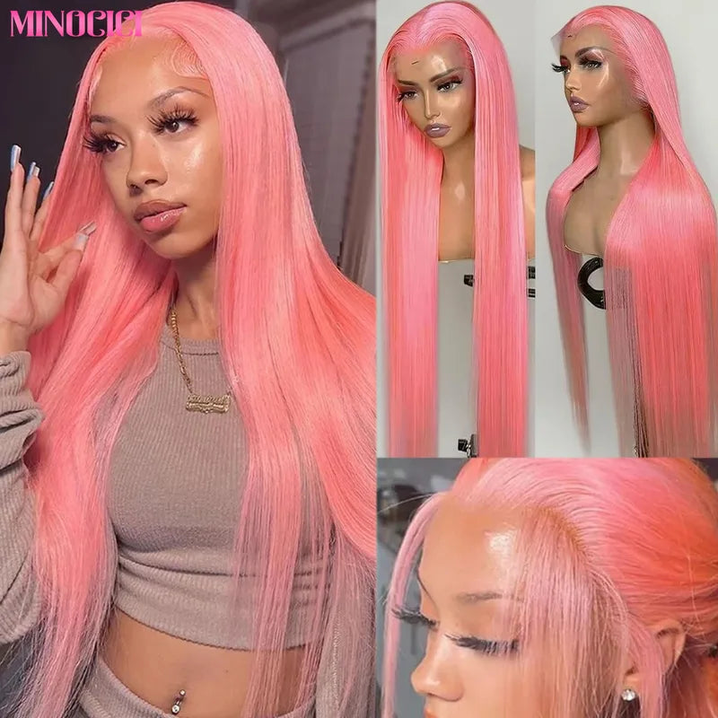 Pink Lace Front Wig 30 Inch Human Hair with Pre-Plucked Natural Hairline