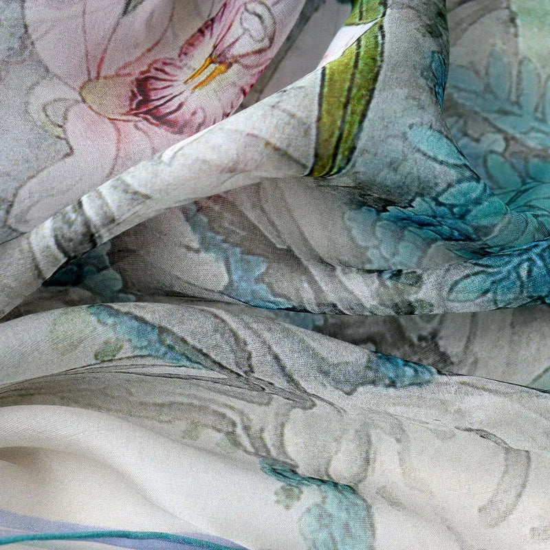 Lightweight Floral Silk Chiffon Scarf for Women - Summer Sun Protection Wrap