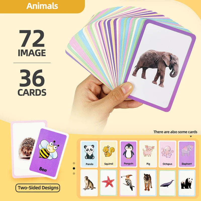 Double-Sided Animal Recognition Flash Cards for Kids Learning - 36 Pack