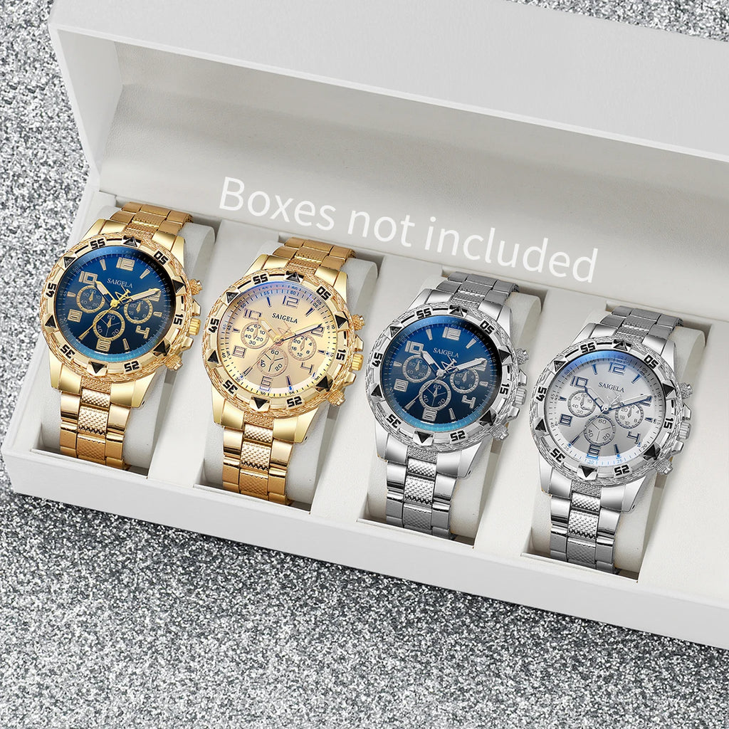 Men's Fashion Quartz Watch Set 4pcs Steel Band Arabic Dial Waterproof