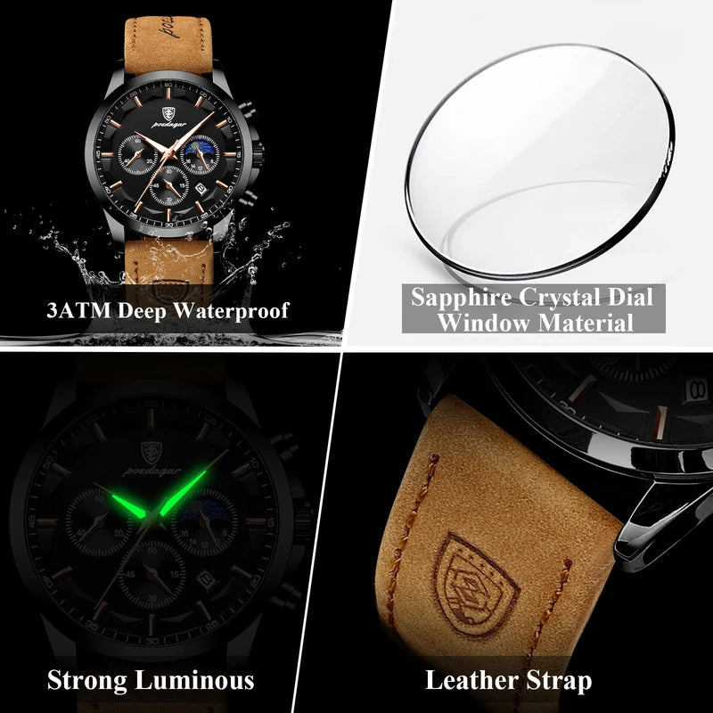 Luxury Waterproof Chronograph Men's Watch with Luminous Date and Leather Strap