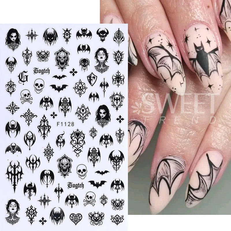 Halloween Gothic Nail Stickers 3D Letter Lace Skull Castle Manicure Decor