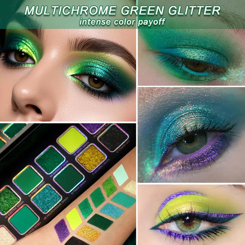 Vegan Multichrome Eyeshadow Palette - 12 Green & Shimmer Shades for Creative Looks