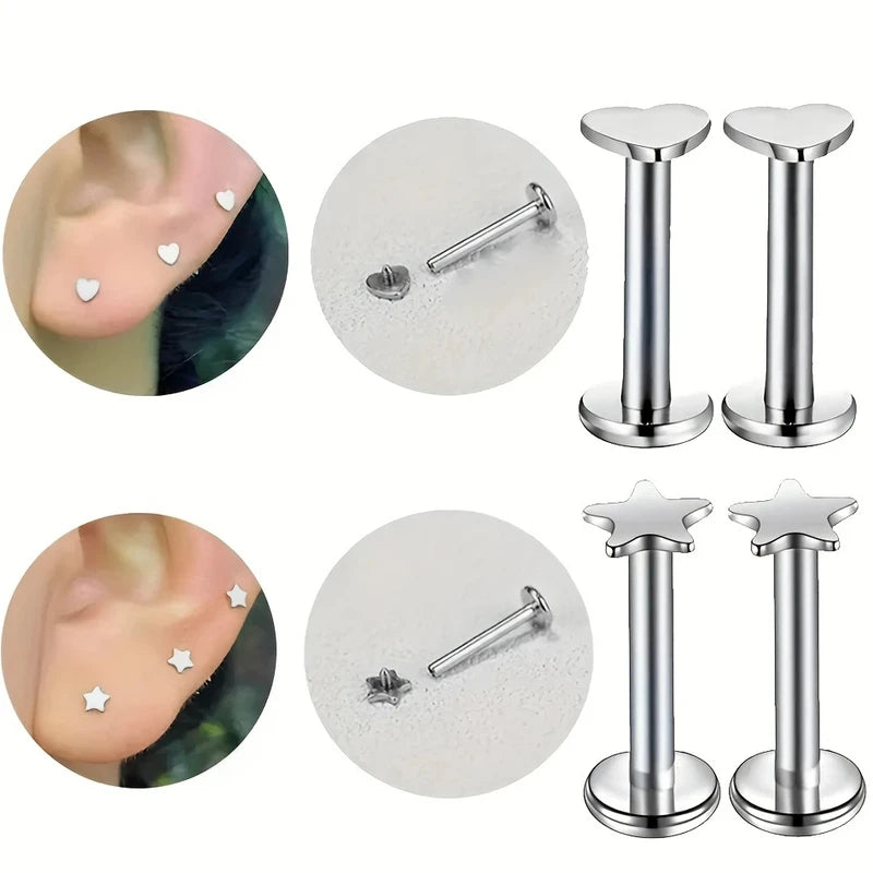 2pcs Stainless Steel Body Piercing Jewelry Star Heart Moon Lip & Nose Studs