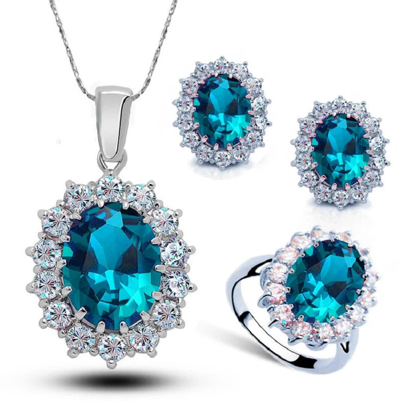 Sterling Silver Wedding Engagement Jewelry Set with Necklace Earrings Ring - Princess Oval Zircon