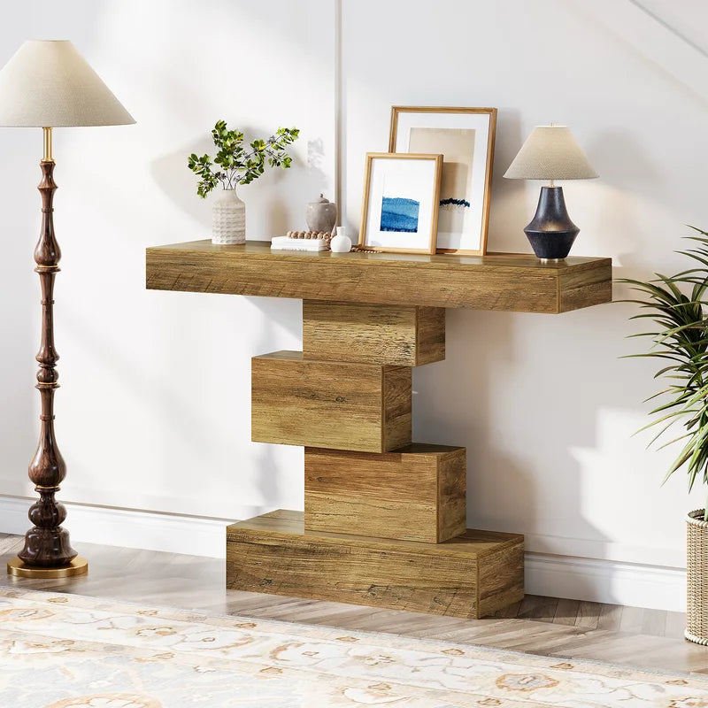 Farmhouse Console Table with Geometric Base - Narrow Wood Entryway & Sofa Accent