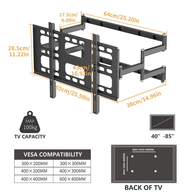 Full Motion Articulating TV Wall Mount Bracket for 40-85 Inch Screens - Swivel & Adjustable Arms