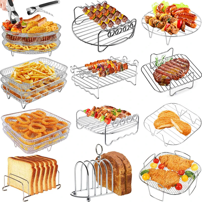 Air Fryer Baking Rack Set Metal Square Round Rectangle Oven Grill Accessories