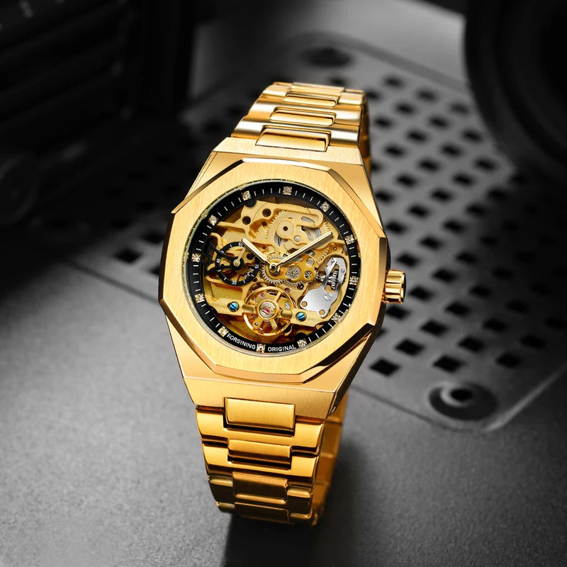 Men's Automatic Mechanical Watch with Luminous Hands and Stainless Steel Strap
