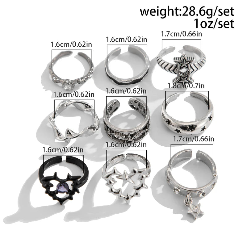 Goth Vintage Silver Open Ring Set for Men - 9 Pcs Stylish Metal Jewelry