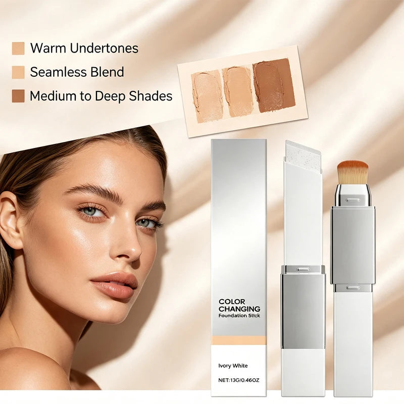 2-in-1 Color Changing Foundation Stick with Detachable Brush - Natural Matte Coverage