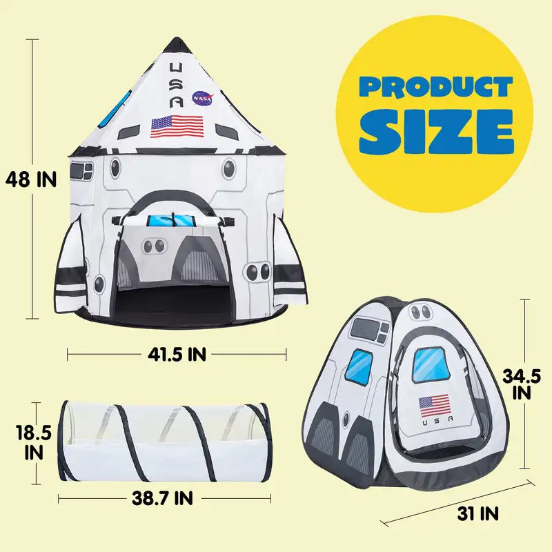 Kids Rocket Ship Play Tent Set with Tunnel - Indoor Outdoor Pretend Play