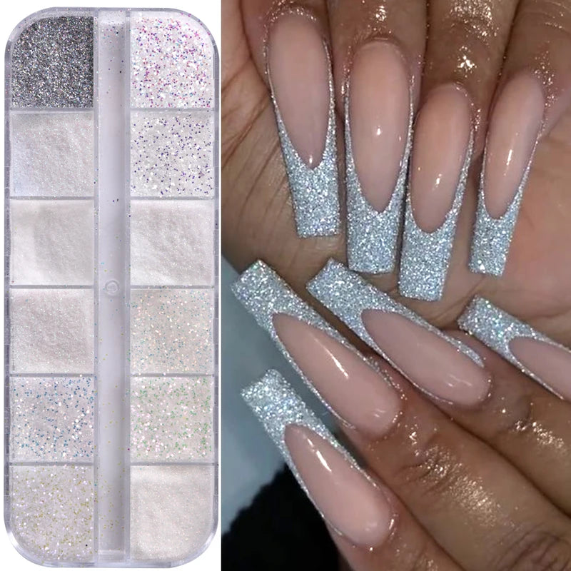 12 Grids White Iridescent Nail Glitter Powder - Fine Sugar Flakes for Wedding & Manicure DIY