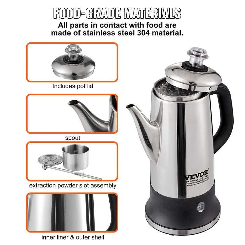 Electric Percolator Coffee Maker 12 Cups Stainless Steel with Keep Warm Function