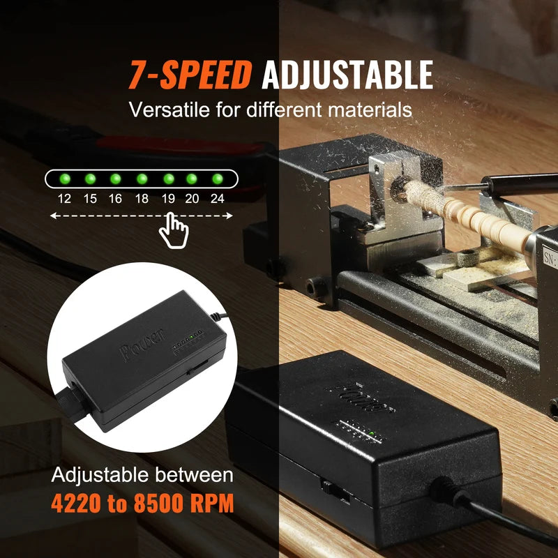 Mini Wood Lathe Machine 7-Inch, 96W Power, 7-Speed for DIY Woodworking