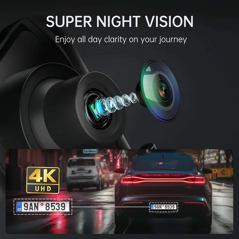UHD 4K Dual Lens Car Dash Cam with Mirror Display 9.66 Inch IPS Screen and 32GB Card