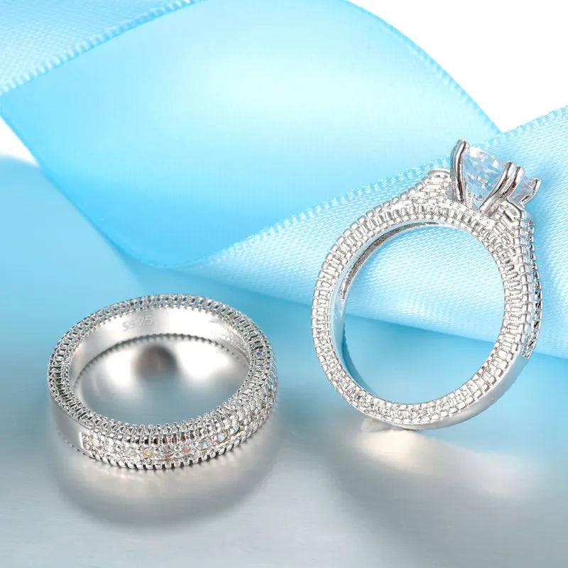 Elegant Wedding Engagement Ring Set - 925 Sterling Silver with Cubic Zirconia