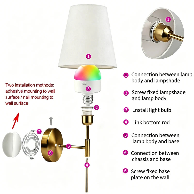 Rechargeable Wall Sconce Nordic Style Fabric Lamp with 2800mAh Battery for Living Room Bedroom Home Office