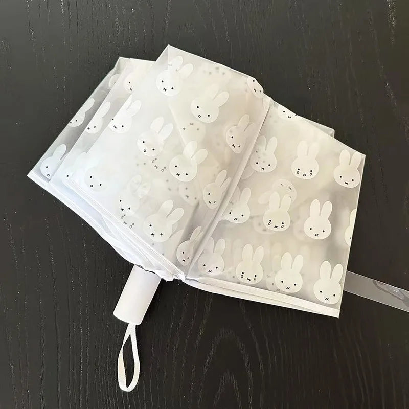 Cute Frosted Transparent Umbrella - Fully Automatic Portable Cartoon Rabbit Folding Umbrella for Students