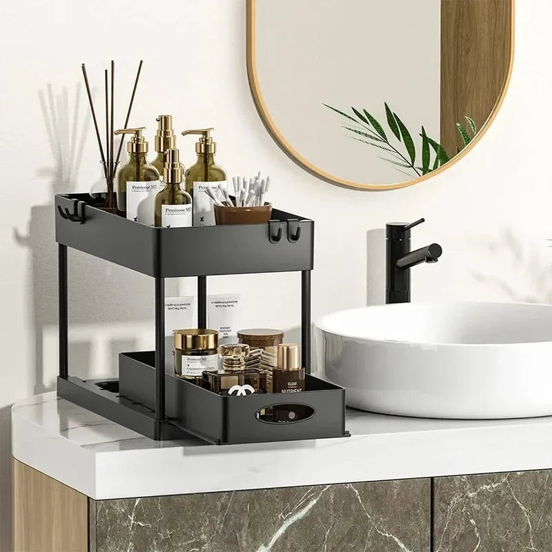 2-Tier Under Sink Organizer with Sliding Drawers & Hooks, Kitchen Bathroom Storage Rack