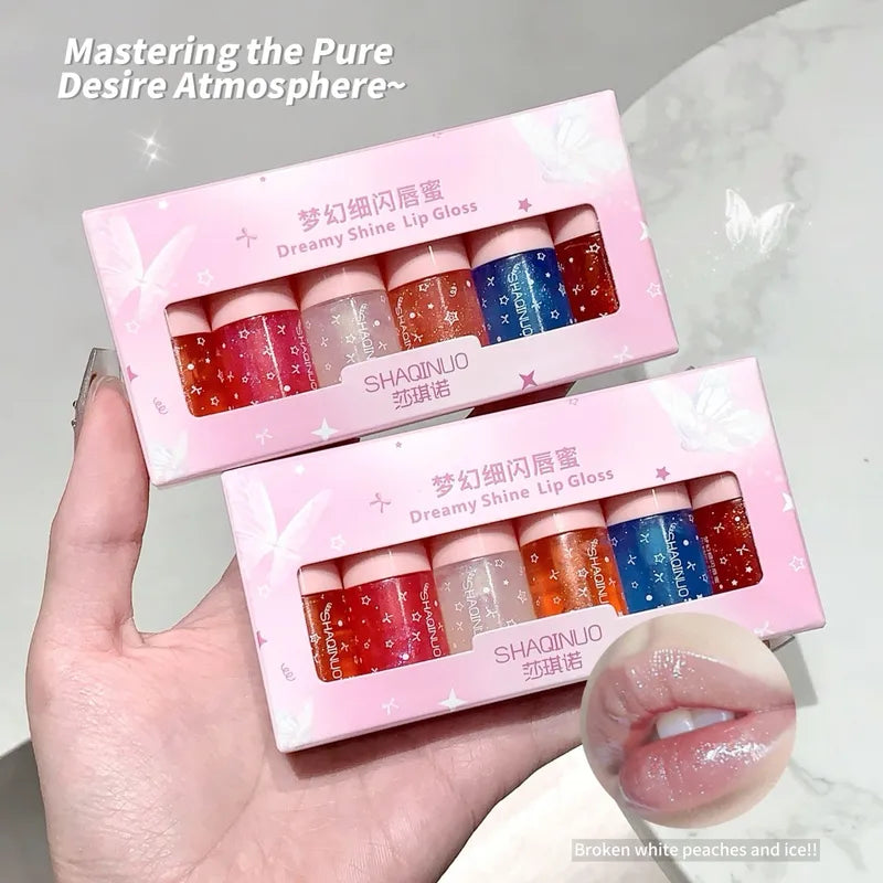 Shimmery Glitter Lip Gloss Set - 6 Highly Pigmented Long-Wear Colors