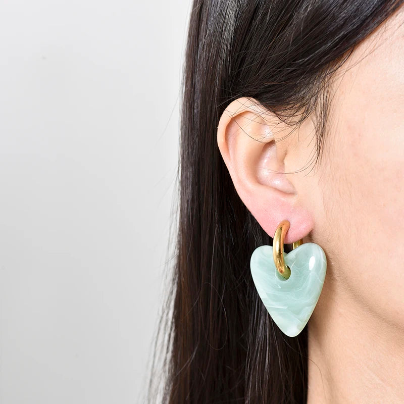 Vintage Heart Pendant Hoop Earrings for Women Gold Silver Acrylic Resin Jewelry