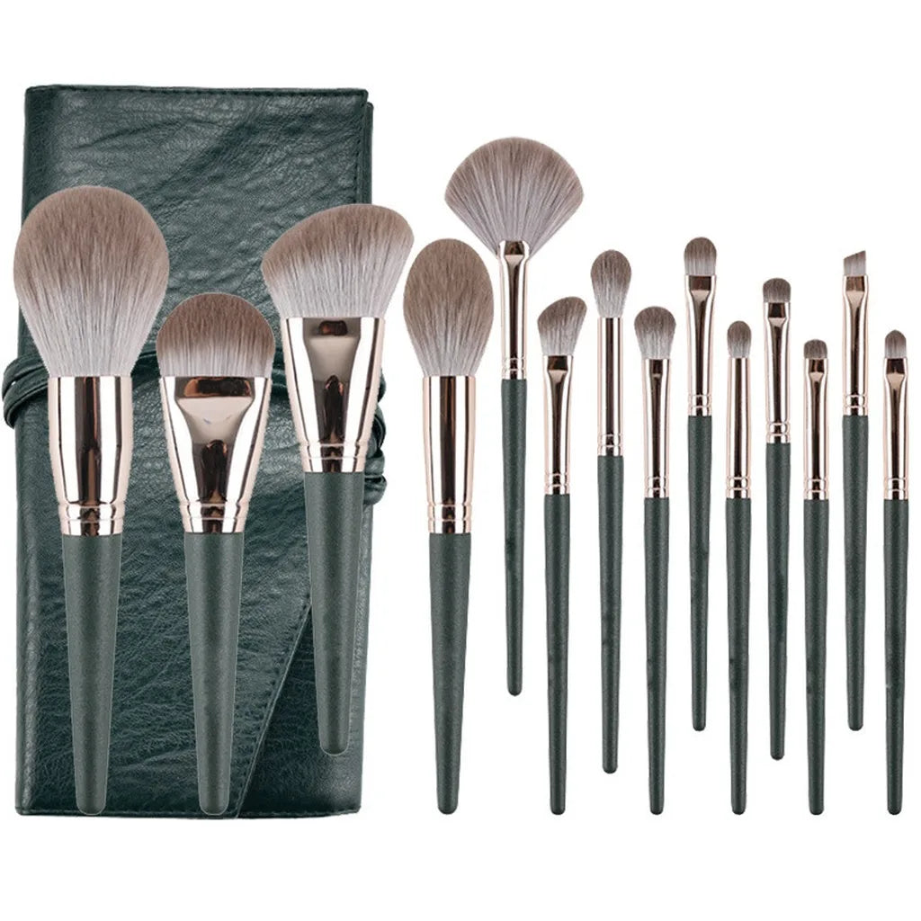 Complete 14-Piece Makeup Brush Set with Storage Bag - Soft Synthetic Bristles, Matte Textured Handles, Dark Green