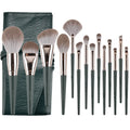 Complete 14-Piece Makeup Brush Set with Storage Bag - Soft Synthetic Bristles, Matte Textured Handles, Dark Green