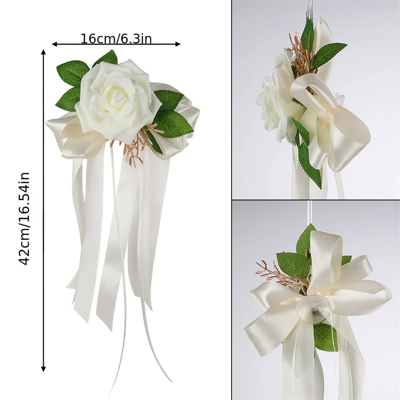 Wedding Car Door Decorations White Rose Bow Ribbon Customizable Vehicle Ornament