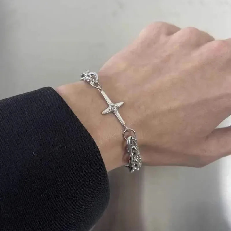 Punk Cross Y2K Stars Metal Bracelet Multilayer Chain Jewelry for Women Men