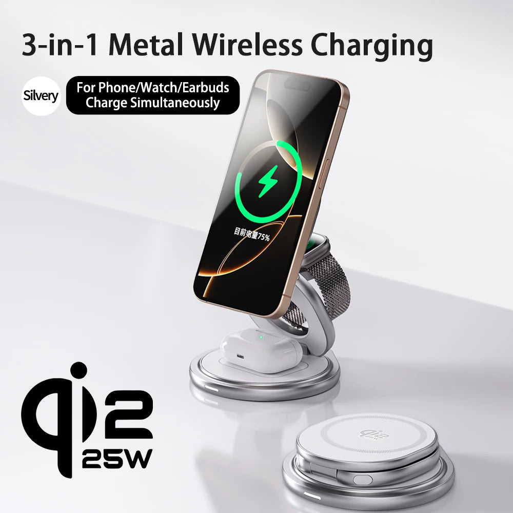 Wireless Charger Stand Qi2.2 25W Fast Charging Dock for iPhone, Watch, Earbuds - Metal, 360° Rotation