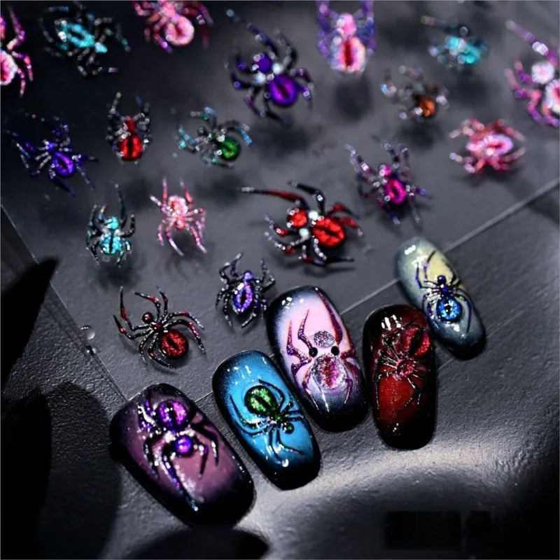 Colorful Holographic Cat Eye Spider Nail Art Stickers Halloween Decor - 1pc