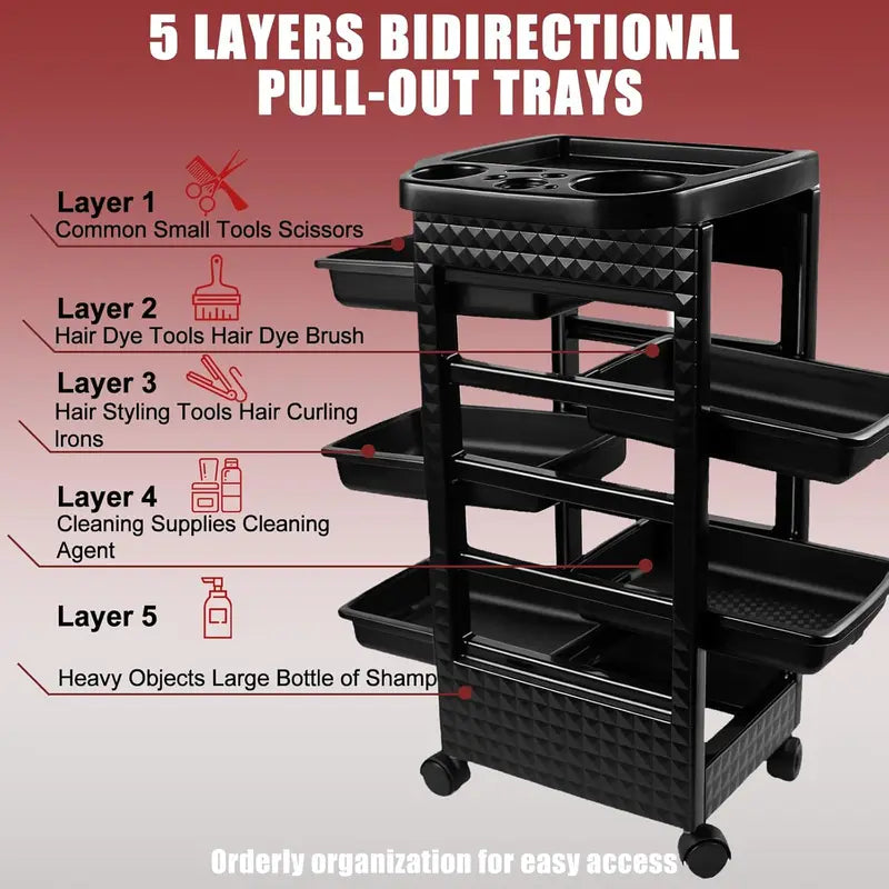 5-Tier Salon Rolling Cart with Wheels - Mobile Hair & Beauty Trolley for Cosmetology & Makeup