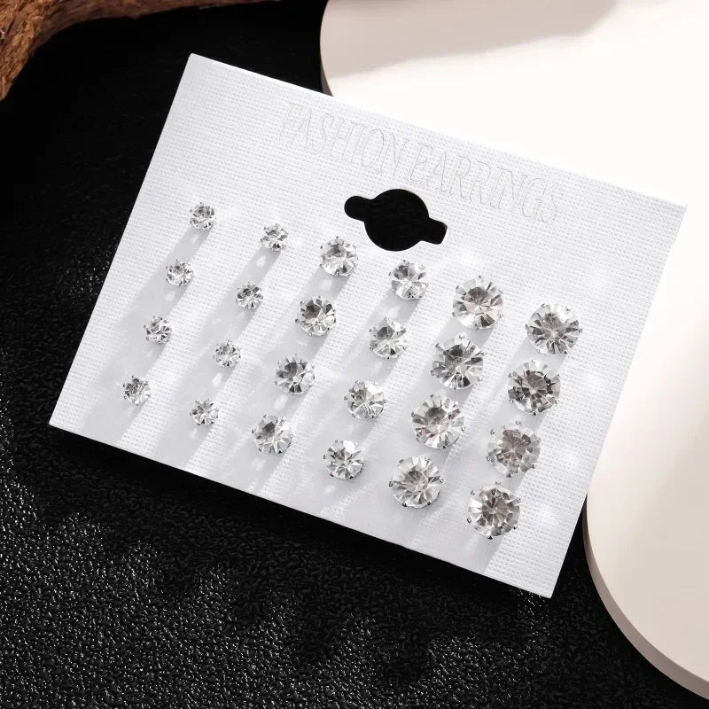 12-Pair White Shiny Wedding Stud Earrings Set for Women & Men Crystal Jewelry